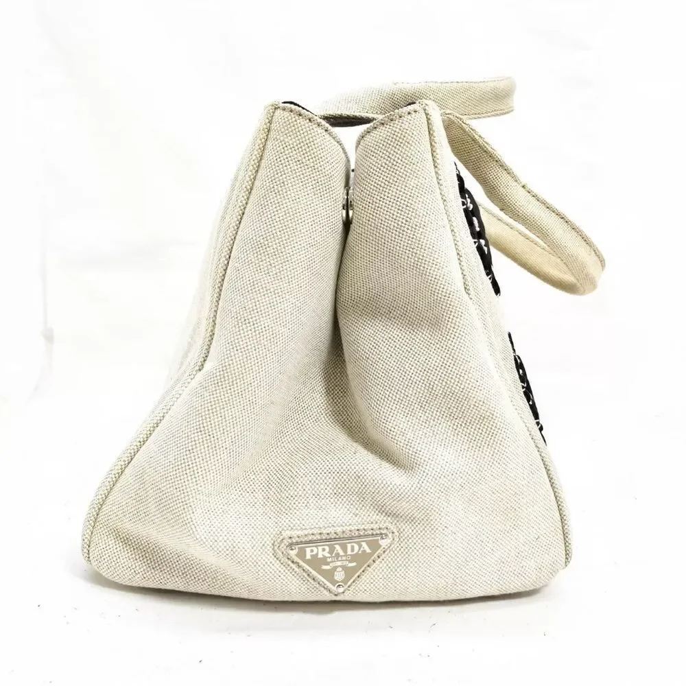 Auth Prada Canvas Linen Floral Canapa Tote Bag